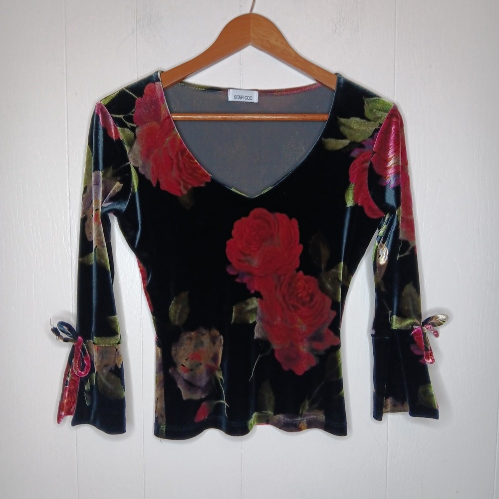 VTG Y2K Star CCC Blouse S Black Red Rose Velvet Gothic Whimsigoth Romantic